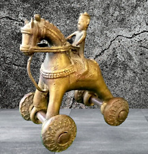 Brass Dynasty Style Temple Horse Rider Wheels That Turn 1.7lbs  Rare Statue picture