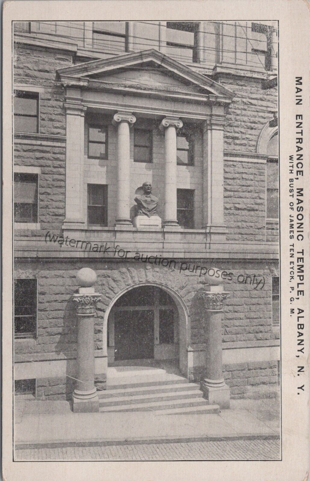 Albany, NY: Masonic Temple, James Ten Eyck Bust - Vtg New York Capital Postcard